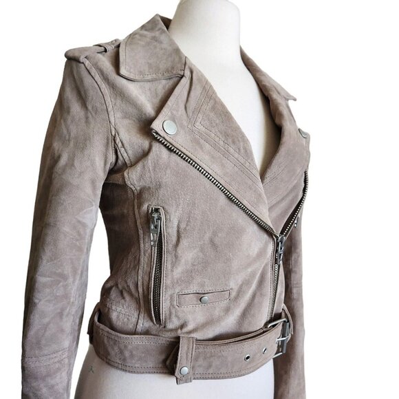 Blank NYC  Leather Moto Jacket  Suede Tan Beige Size XS with belt & zippers - Picture 3 of 16